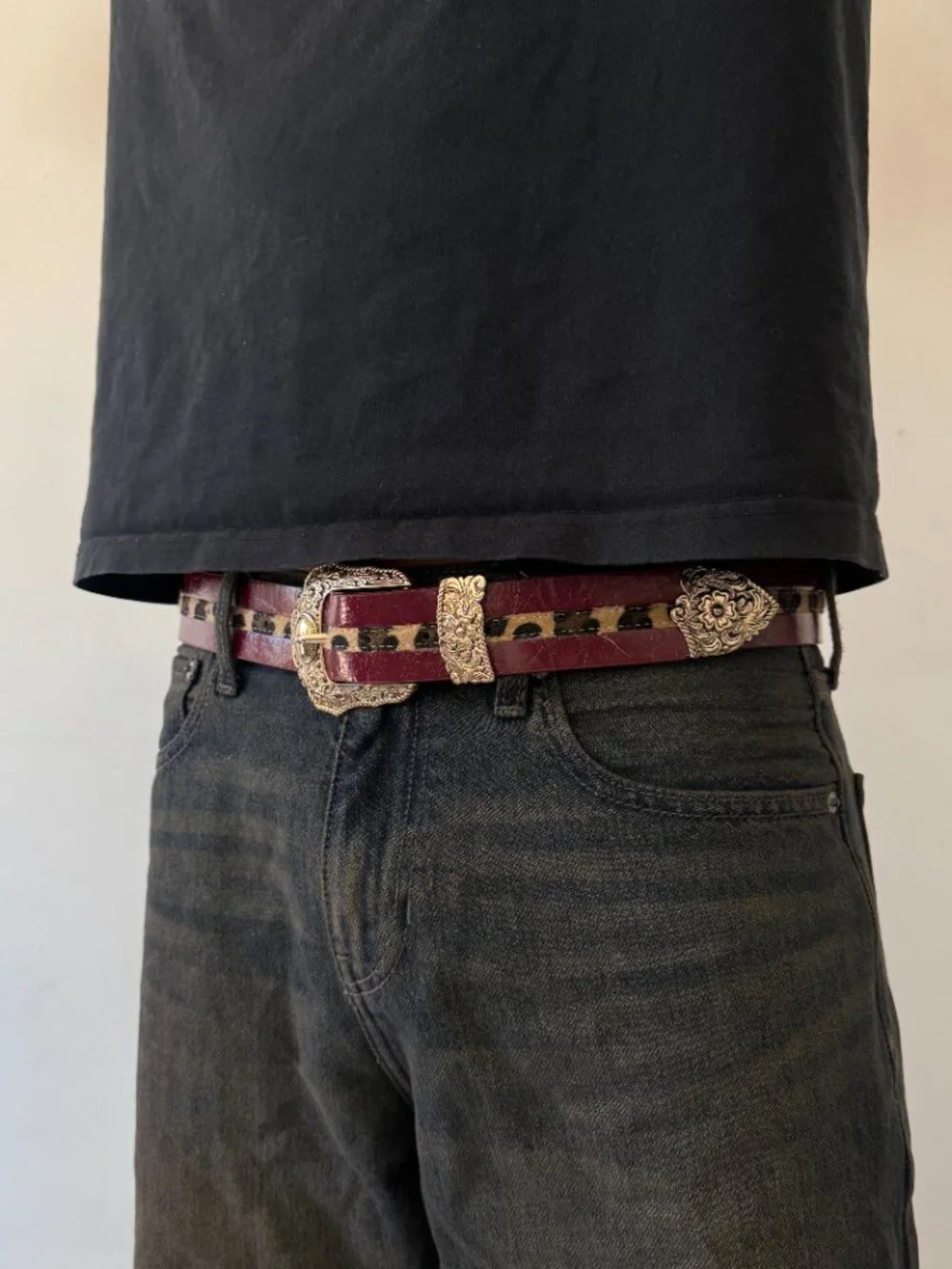 Wine Red Leopard Print Antique Western Belt